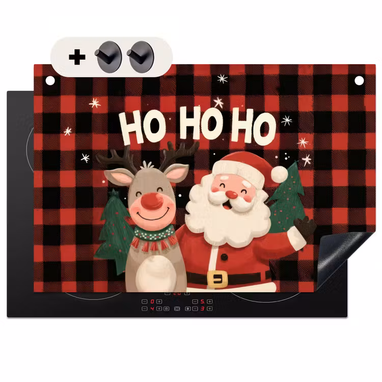 2-in-1 Herdabdeckplatte & Spritzschutz - Weihnachtsmann - Rentier - Text - Rot - Schwarz - Kerstman - Rendier - Tekst - Rood - Zwart Inductie beschemer met haakjes klein
