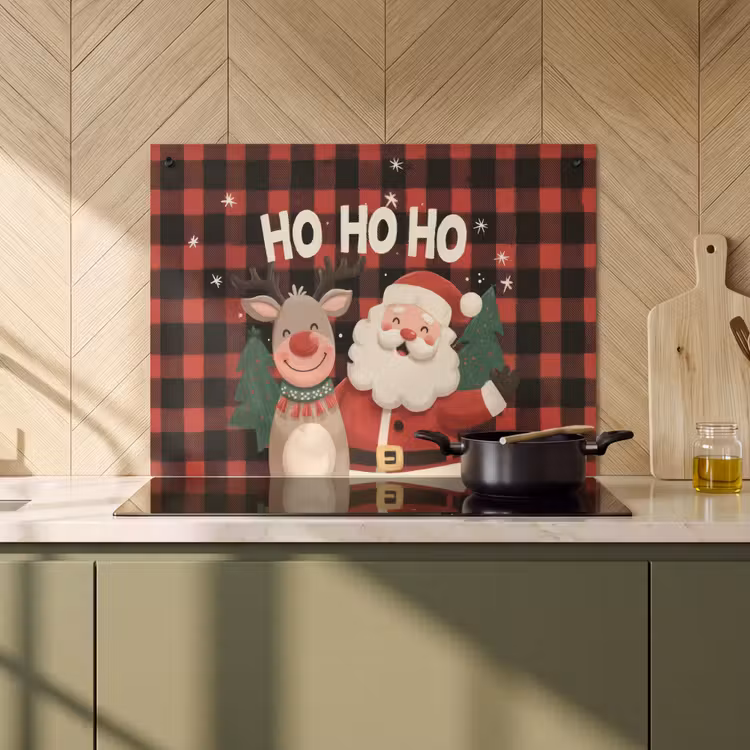 2-in-1 Herdabdeckplatte & Spritzschutz - Weihnachtsmann - Rentier - Text - Rot - Schwarz - Kerstman - Rendier - Tekst - Rood - Zwart Inductie beschemer met haakjes klein