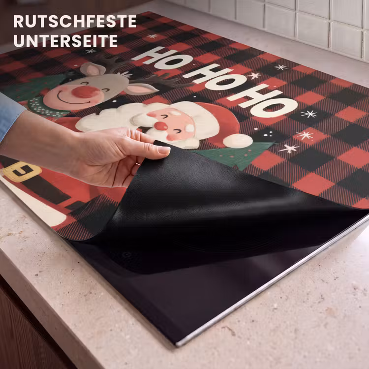 2-in-1 Herdabdeckplatte & Spritzschutz - Weihnachtsmann - Rentier - Text - Rot - Schwarz - Kerstman - Rendier - Tekst - Rood - Zwart Inductie beschemer met haakjes klein