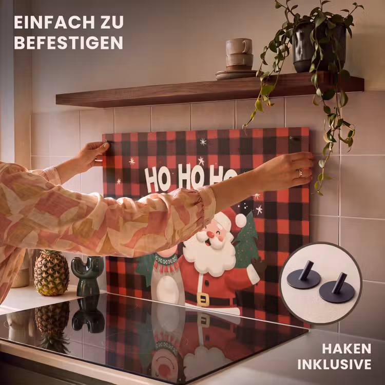 2-in-1 Herdabdeckplatte & Spritzschutz - Weihnachtsmann - Rentier - Text - Rot - Schwarz - Kerstman - Rendier - Tekst - Rood - Zwart Inductie beschemer met haakjes klein