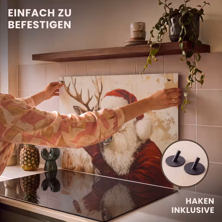 2-in-1 Herdabdeckplatte & Spritzschutz - Weihnachtsmann - Rentier - Weihnachten - Kerstman - Rendier - Kerst - Christmas Inductie beschemer met haakjes klein