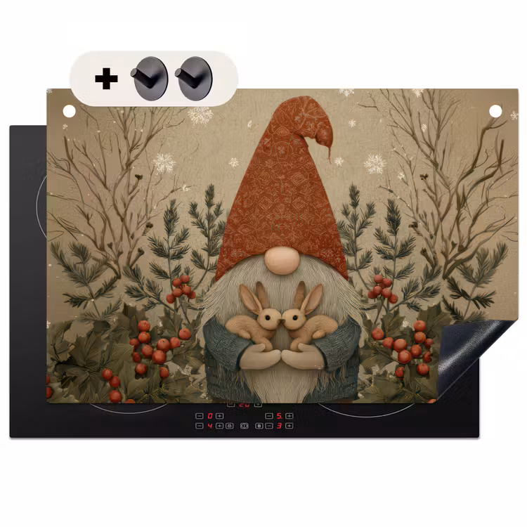 2-in-1 Herdabdeckplatte & Spritzschutz - Weihnachtswichtel - Hasen - Bunt - Kerstgnome - Konijntjes - Kleurrijk Inductie beschemer met haakjes klein