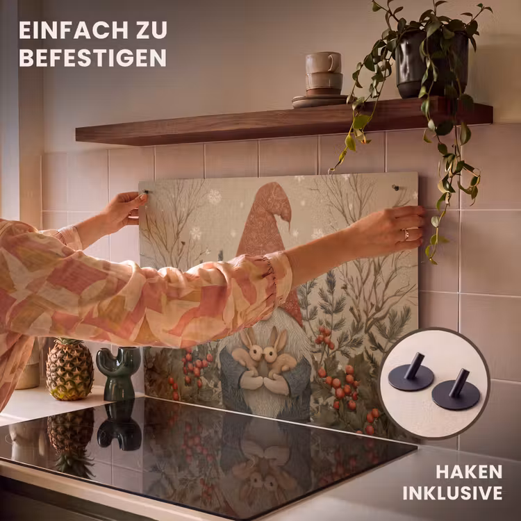 2-in-1 Herdabdeckplatte & Spritzschutz - Weihnachtswichtel - Hasen - Bunt - Kerstgnome - Konijntjes - Kleurrijk Inductie beschemer met haakjes klein