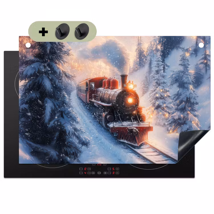 2-in-1 Herdabdeckplatte & Spritzschutz - Weihnachtszug - Schnee - Winter - Weihnachten - Kersttrein - Sneeuw - Winter - Kerst Inductie beschemer met haakjes klein