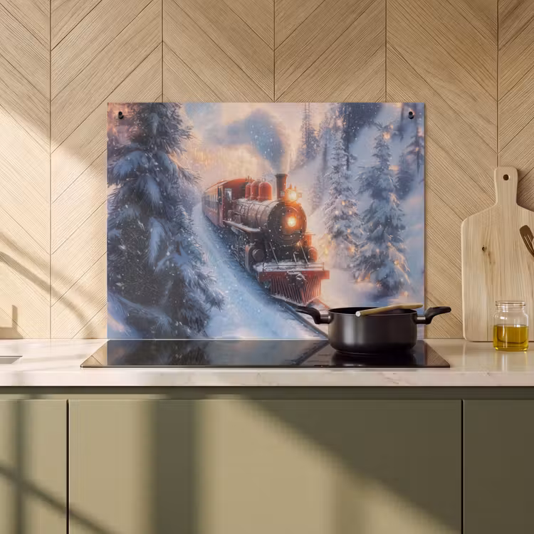 2-in-1 Herdabdeckplatte & Spritzschutz - Weihnachtszug - Schnee - Winter - Weihnachten - Kersttrein - Sneeuw - Winter - Kerst Inductie beschemer met haakjes klein