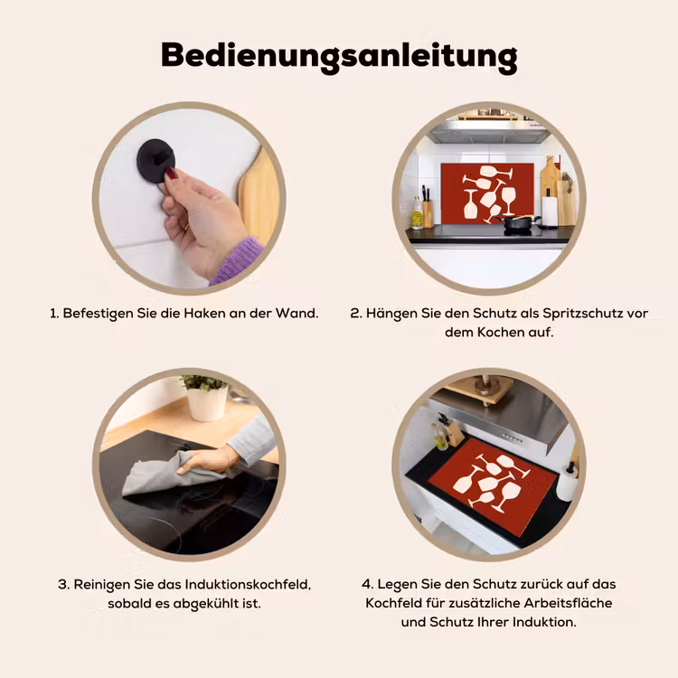 2-in-1 Herdabdeckplatte & Spritzschutz - Weingläser - Scherenschnitte - Weiß - Wijnglazen - Silhouetten - Wit Inductie beschemer met haakjes klein