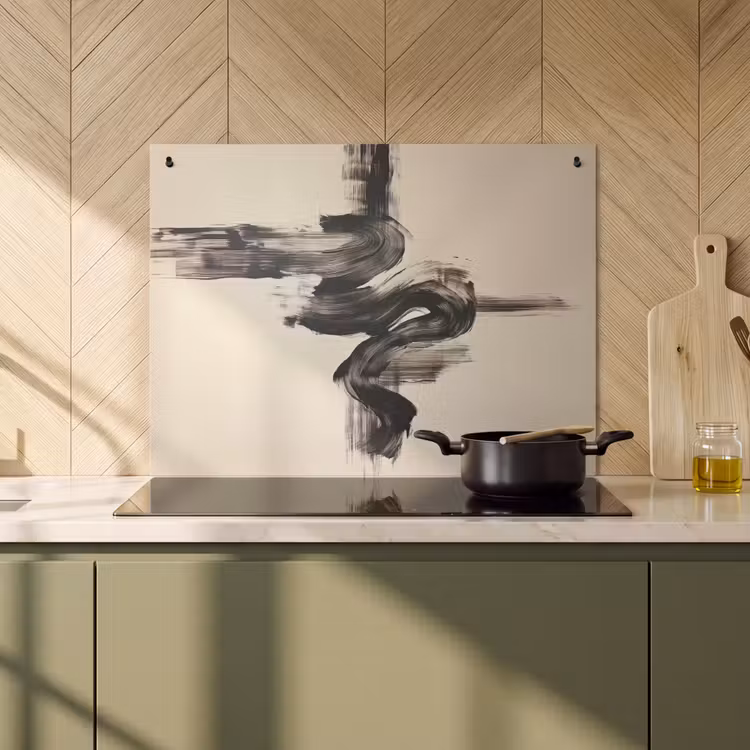 2-in-1 Herdabdeckplatte & Spritzschutz - Wellen - Pinselstriche - Beige - Minimalistisch - Golven - Penseelstreken - Beige - Minimalistisch Inductie beschemer met haakjes klein