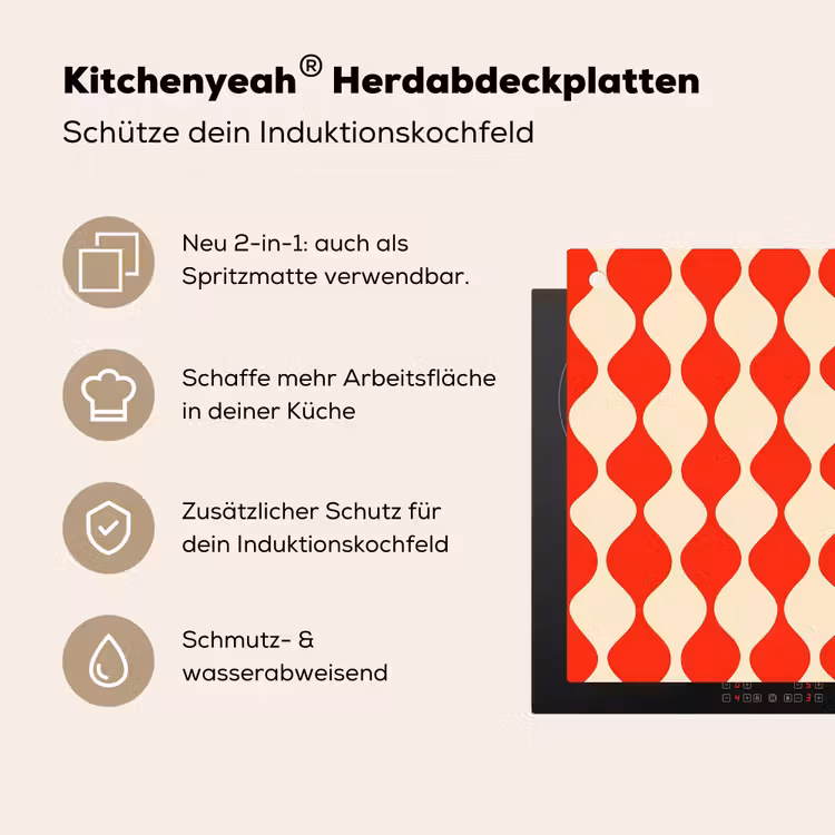 Golvend patroon - Retro - Rood - Beige Inductie beschemer met haakjes klein 777 -ky-usp-de