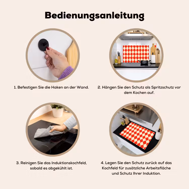 Golvend patroon - Retro - Rood - Beige Inductie beschemer met haakjes klein 777 -ky-gebruik-de