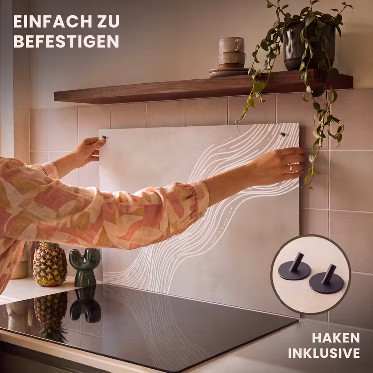 2-in-1 Herdabdeckplatte & Spritzschutz - Wellenlinien - Fließend - Sandfarben - Golvende lijnen - Vloeiend - Zandkleurig Inductie beschemer met haakjes klein