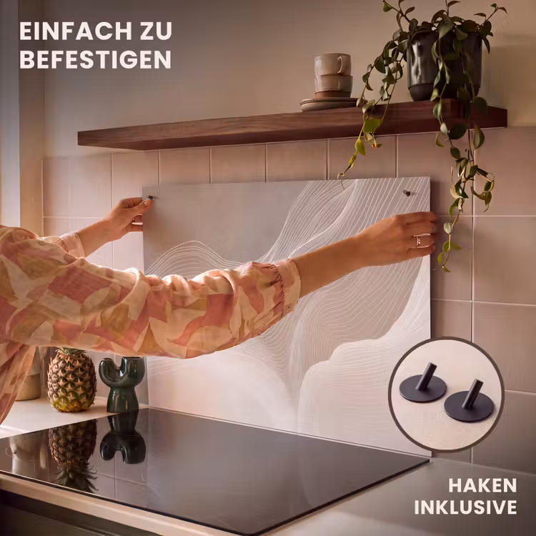 2-in-1 Herdabdeckplatte & Spritzschutz - Wellenlinien - Luftströme - Harmonisch - Golvende lijnen - Luchtstromen - Harmonieus Inductie beschemer met haakjes klein
