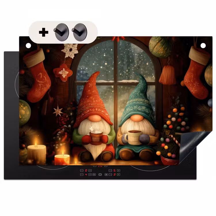 2-in-1 Herdabdeckplatte & Spritzschutz - Wichtel - Weihnachten - Fenster - Farbenfroh - Gnooms - Kerst - Raam - Kleurrijk Inductie beschemer met haakjes klein