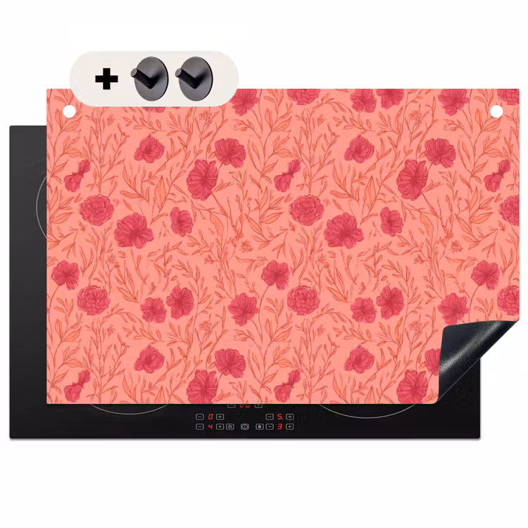 2-in-1 Herdabdeckplatte & Spritzschutz - Wiesenblumen - Romantisch - Rosa - Weidebloemen - Romantisch - Roze Inductie beschemer met haakjes klein 777
