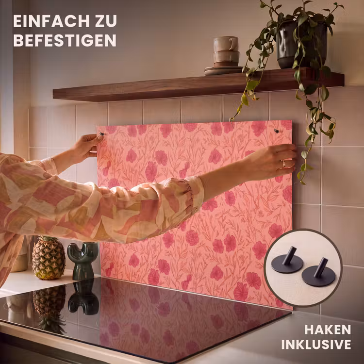 2-in-1 Herdabdeckplatte & Spritzschutz - Wiesenblumen - Romantisch - Rosa - Weidebloemen - Romantisch - Roze Inductie beschemer met haakjes klein 777
