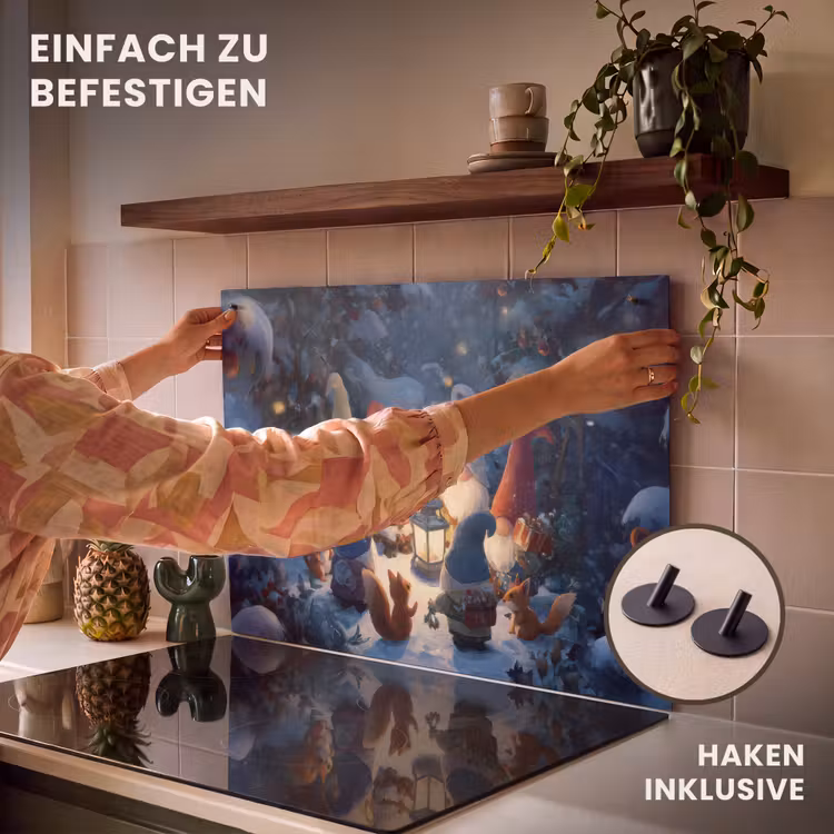 2-in-1 Herdabdeckplatte & Spritzschutz - Winter - Zwerge - Eichhörnchen - Mehrfarbig - Winter - Gnooms - Eekhoorns - Meerkleurig Inductie beschemer met haakjes klein