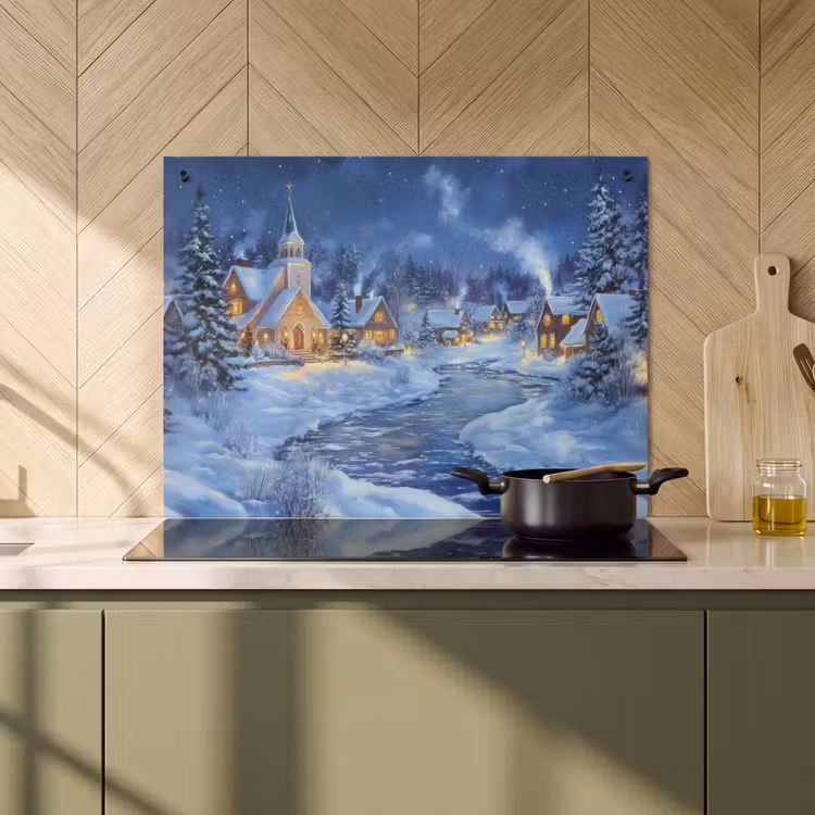 2-in-1 Herdabdeckplatte & Spritzschutz - Winterabend - Weihnachtsdorf - Dunkelheit - Winteravond - Kerstdorp - Donker Inductie beschemer met haakjes klein