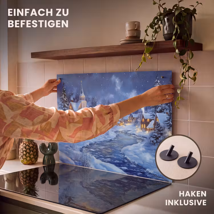 2-in-1 Herdabdeckplatte & Spritzschutz - Winterabend - Weihnachtsdorf - Dunkelheit - Winteravond - Kerstdorp - Donker Inductie beschemer met haakjes klein