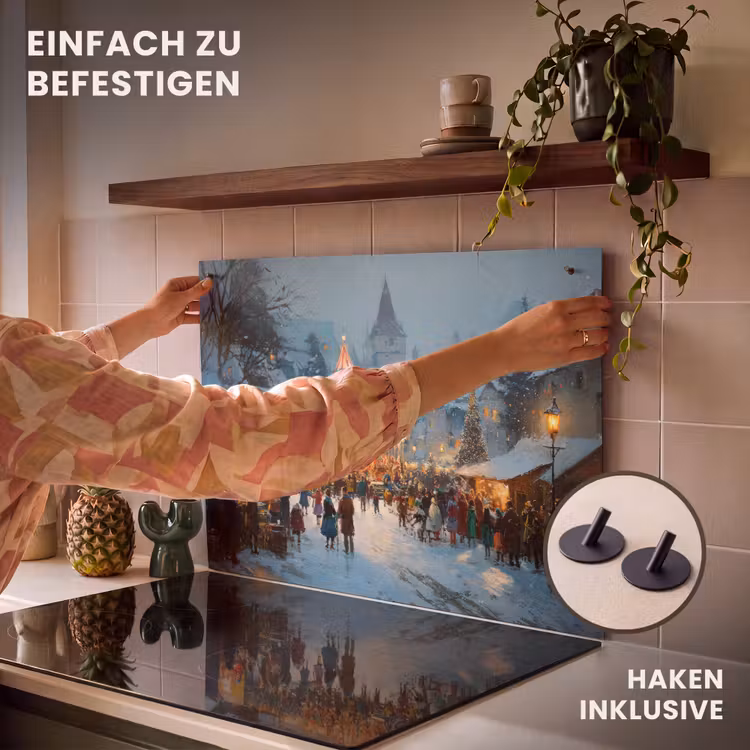 2-in-1 Herdabdeckplatte & Spritzschutz - Wintermarkt - Dorf - Farbenfroh - Winterkermis - Dorp - Kleurrijk Inductie beschemer met haakjes klein