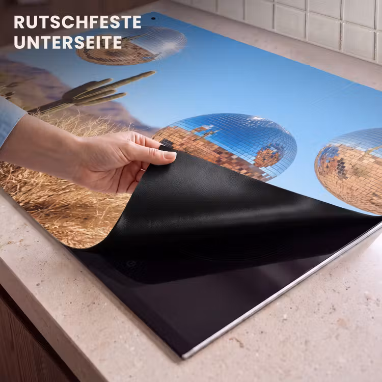 2-in-1 Herdabdeckplatte & Spritzschutz - Wüste – Spiegelkugel – Kunst - Woestijn - Spiegelbal - Kunst Inductie beschemer met haakjes klein