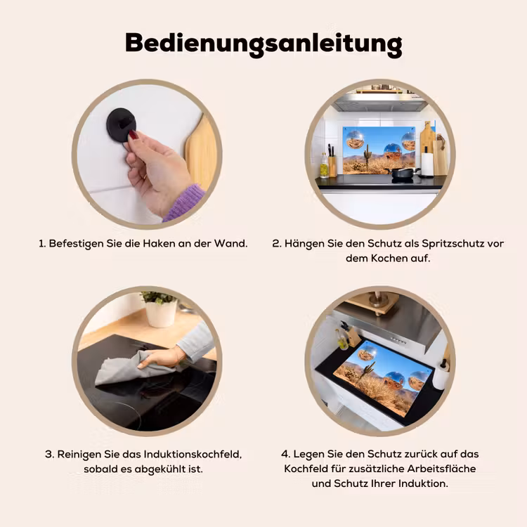 2-in-1 Herdabdeckplatte & Spritzschutz - Wüste – Spiegelkugel – Kunst - Woestijn - Spiegelbal - Kunst Inductie beschemer met haakjes klein