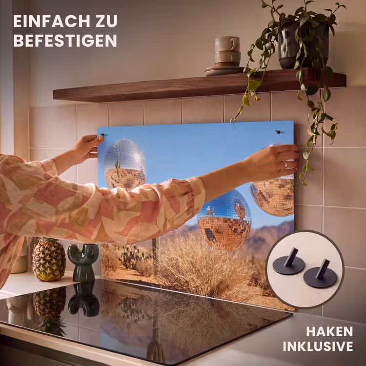 2-in-1 Herdabdeckplatte & Spritzschutz - Wüste – Spiegelkugel – Kunst - Woestijn - Spiegelbal - Kunst Inductie beschemer met haakjes klein