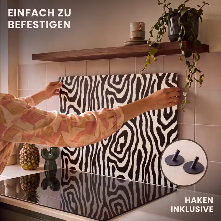 2-in-1 Herdabdeckplatte & Spritzschutz - Zebra – Schwarz – Abstrakt - Zebra - Zwart - Abstract Inductie beschemer met haakjes klein 777