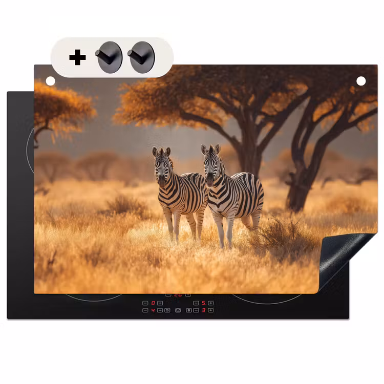 2-in-1 Herdabdeckplatte & Spritzschutz - Zebras - Savannenlandschaft - Gras - Zebra's - Savannelandschap - Gras Inductie beschemer met haakjes klein
