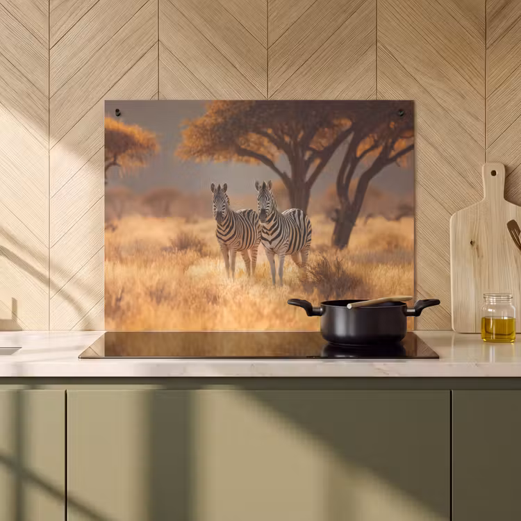 2-in-1 Herdabdeckplatte & Spritzschutz - Zebras - Savannenlandschaft - Gras - Zebra's - Savannelandschap - Gras Inductie beschemer met haakjes klein
