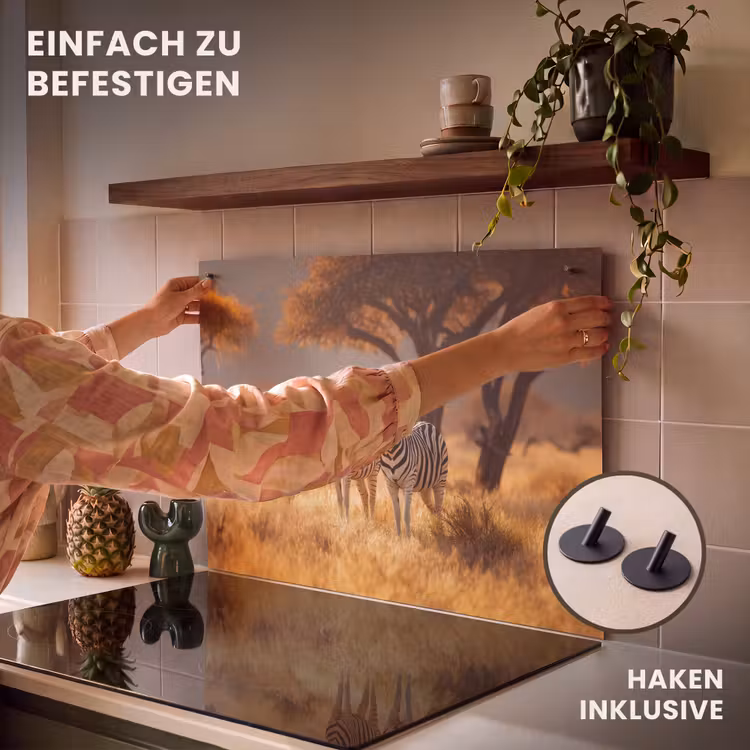 2-in-1 Herdabdeckplatte & Spritzschutz - Zebras - Savannenlandschaft - Gras - Zebra's - Savannelandschap - Gras Inductie beschemer met haakjes klein