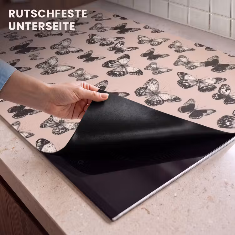 2-in-1 Herdabdeckplatte & Spritzschutz - Zeitlos - Schmetterlinge - Pfirsich - Tijdloos - Vlinders - Perzik Inductie beschemer met haakjes klein 777