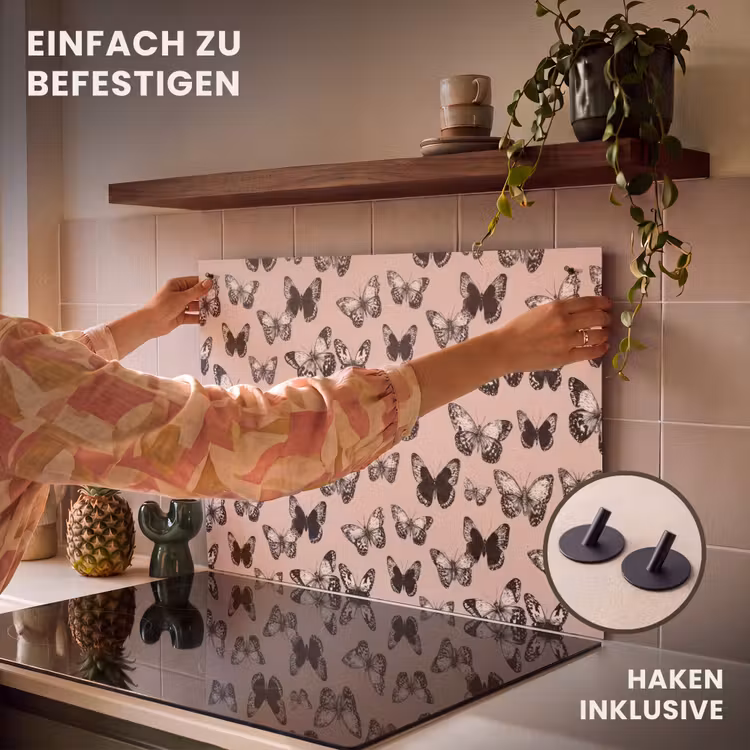 2-in-1 Herdabdeckplatte & Spritzschutz - Zeitlos - Schmetterlinge - Pfirsich - Tijdloos - Vlinders - Perzik Inductie beschemer met haakjes klein 777