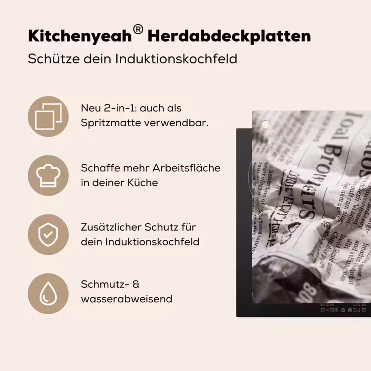Krant - Gekreukeld - Textuur - Vintage - Zwart-wit Inductie beschemer met haakjes klein -ky-usp-de