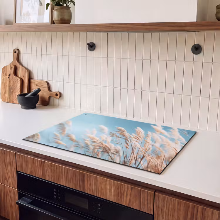 2-in-1 Herdabdeckplatte & Spritzschutz - Ziergras - Wind - Hellbraun - Siergras - Wind - Lichtbruin Inductie beschemer met haakjes klein