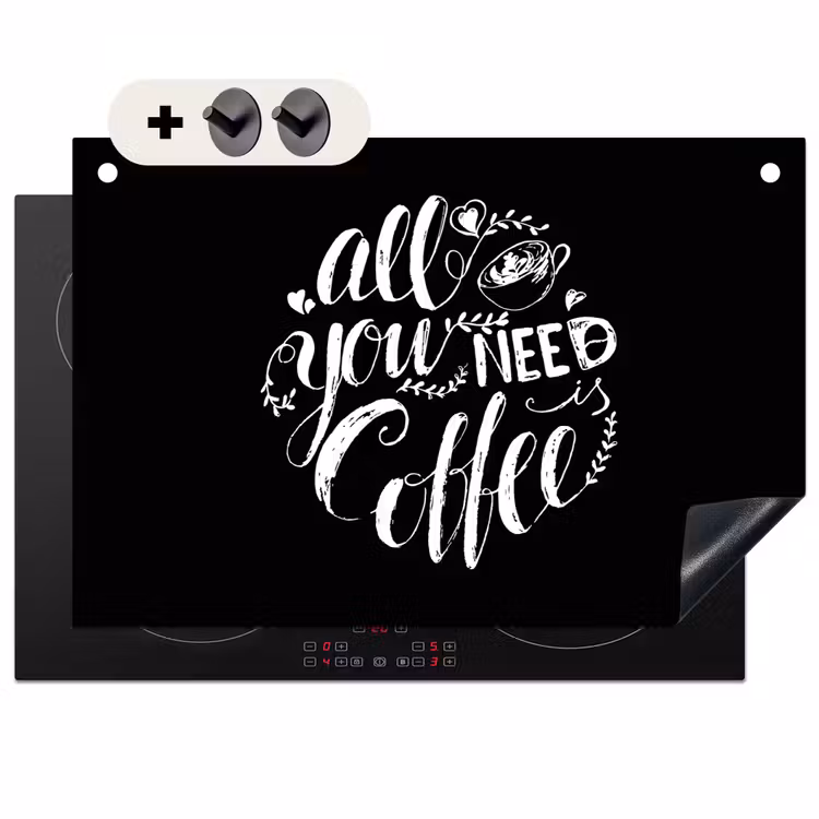 2-in-1 Herdabdeckplatte & Spritzschutz - Zitat - Alles was du brauchst ist Kaffee - Schwarz - Quote - All you need is caffee - Zwart Inductie beschemer met haakjes klein