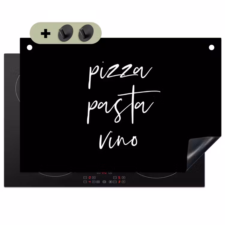 2-in-1 Herdabdeckplatte & Spritzschutz - Zitat - Pizza pasta vino - Schwarz - Quote - Pizza pasta vino - Zwart Inductie beschemer met haakjes klein