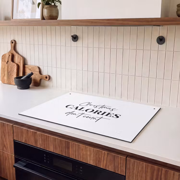 2-in-1 Herdabdeckplatte & Spritzschutz - Zitat Weihnachten - Winter - Weihnachtskalorien - Weiß - Kerst quote - Winter - Christmas calories - Wit Inductie beschemer met haakjes klein