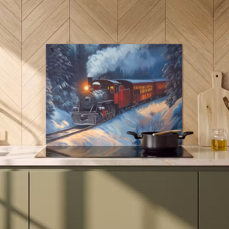 2-in-1 Herdabdeckplatte & Spritzschutz - Zug - Weihnachten - Schnee - Weihnachtszug — 3