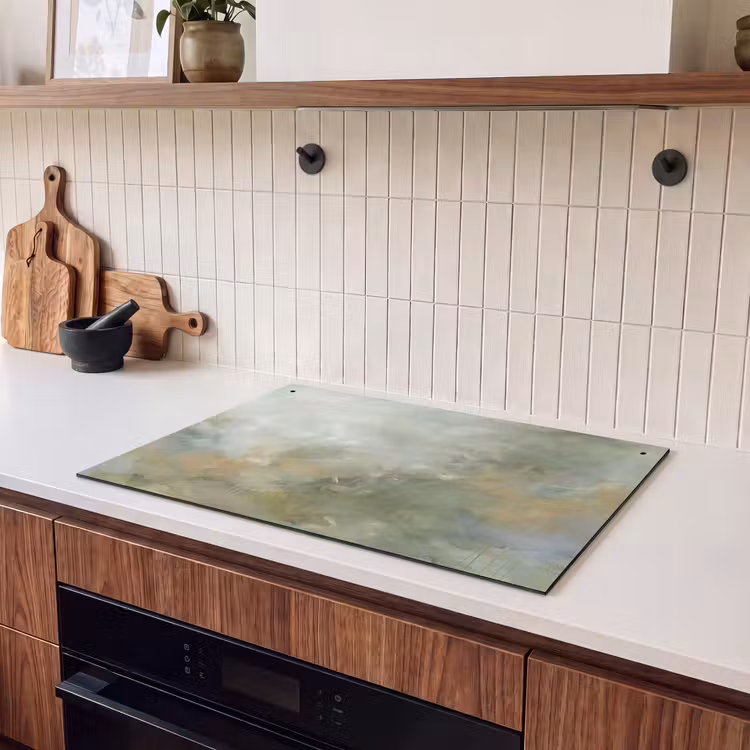 Abstract - Groen - Beige - Modern - Kunst Inductie beschemer met haakjes klein -sfeer1