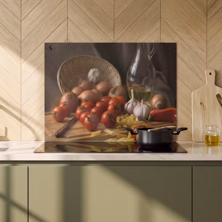 2-in-1 Herdabdeckplatte & Spritzschutz - Zutaten der mediterranen Küche - Ingrediënten van de Mediterrane Keuken Inductie beschemer met haakjes klein