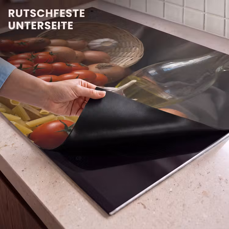 2-in-1 Herdabdeckplatte & Spritzschutz - Zutaten der mediterranen Küche - Ingrediënten van de Mediterrane Keuken Inductie beschemer met haakjes klein
