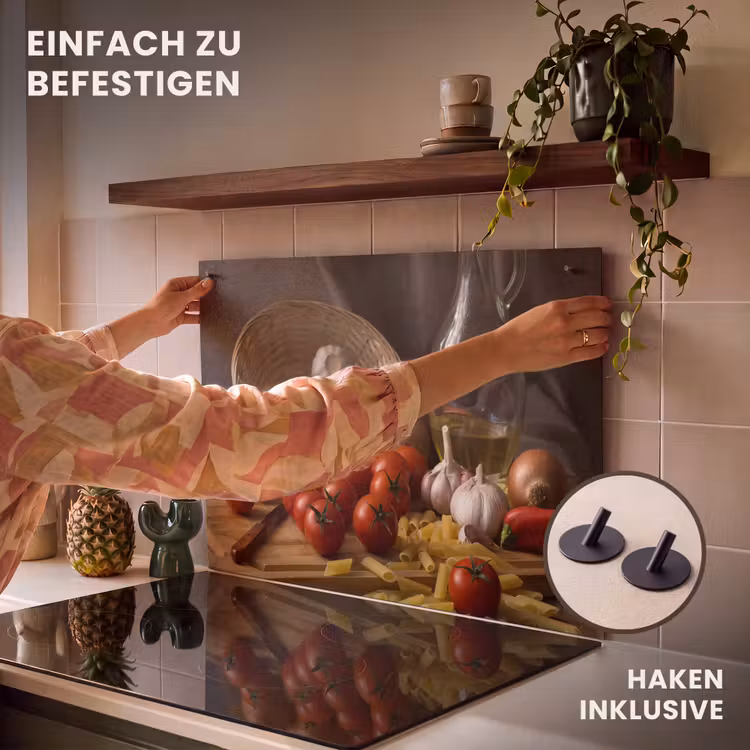 2-in-1 Herdabdeckplatte & Spritzschutz - Zutaten der mediterranen Küche - Ingrediënten van de Mediterrane Keuken Inductie beschemer met haakjes klein