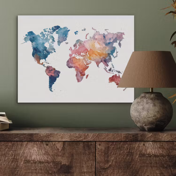 Waterverf - Blauw - Geschilderd - Wereldkaart PET vilt klein -sfeer2