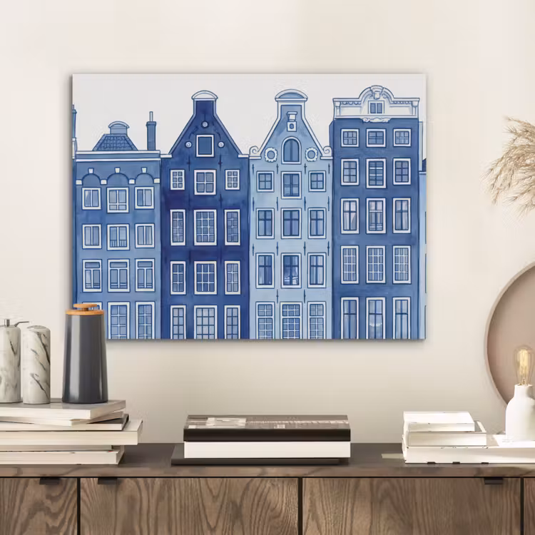 Aquarel - Grachtenpanden - Delfts - Blauw PET vilt klein -sfeer1