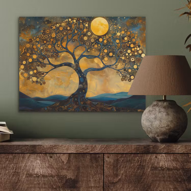 Boom - Maan - Bloemen - Goud - Kunst PET vilt klein -sfeer2
