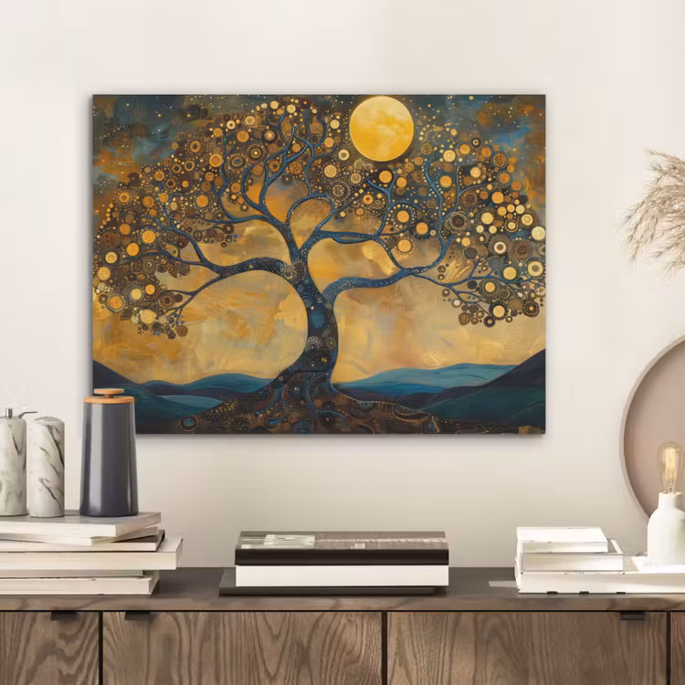 Boom - Maan - Bloemen - Goud - Kunst PET vilt klein -sfeer1