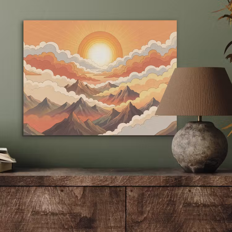 Bergen - Wolken - Natuur - Zonsopgang - Oranje PET vilt klein -sfeer2