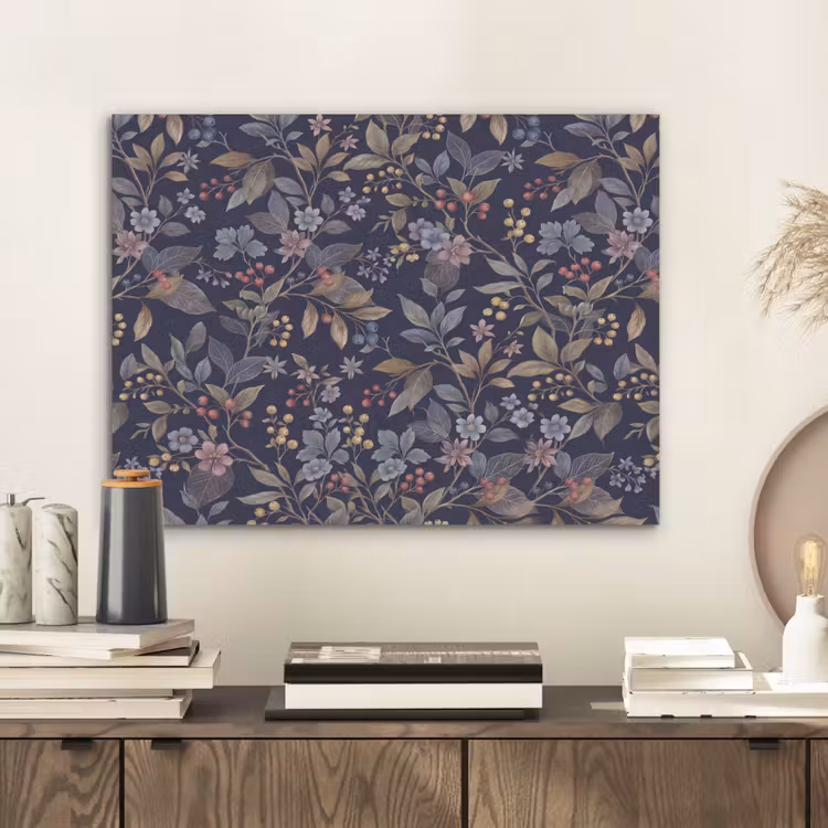 Bloemen - Bladeren - Patroon - Botanisch - Donkerblauw PET vilt klein -sfeer1