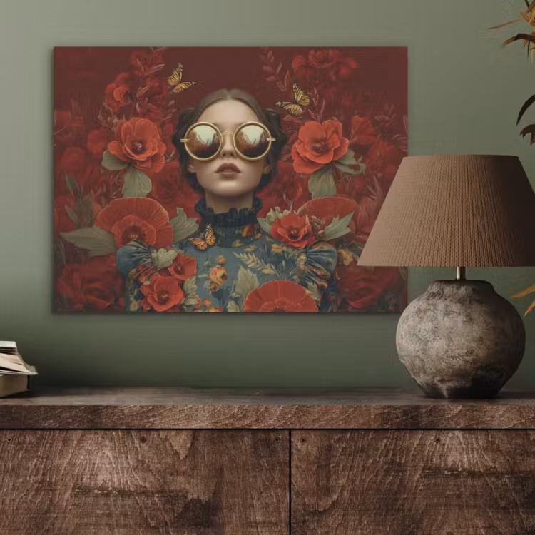 Bloemen - Dieprood - Zonnebril - Vrouw PET vilt klein -sfeer2