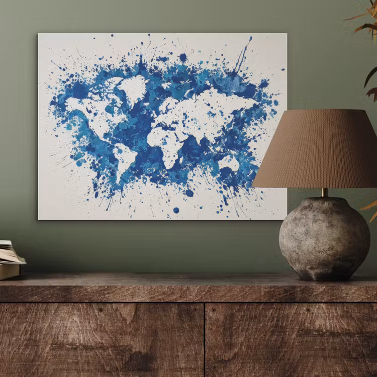 Verfspatten - Blauw - Wereldkaart PET vilt klein -sfeer2