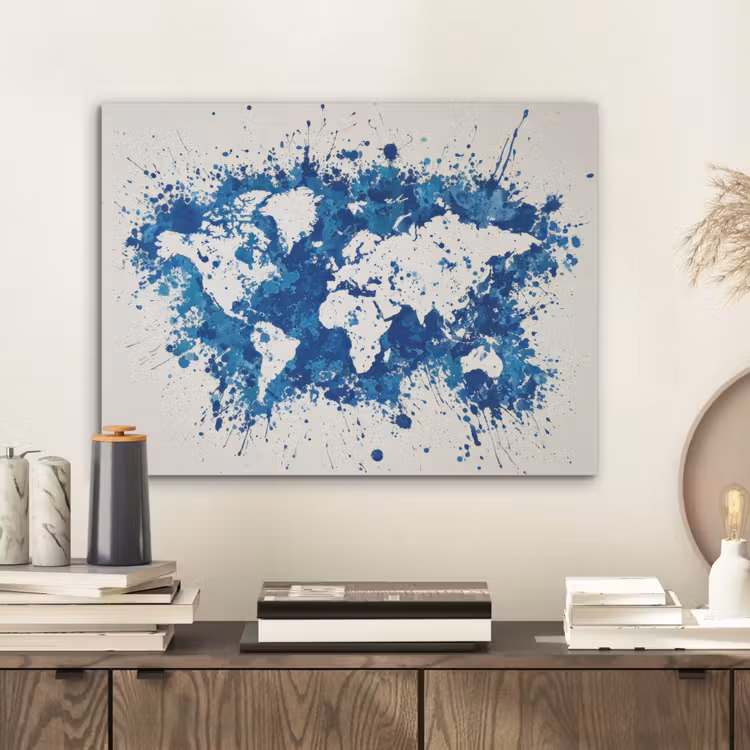 Verfspatten - Blauw - Wereldkaart PET vilt klein -sfeer1